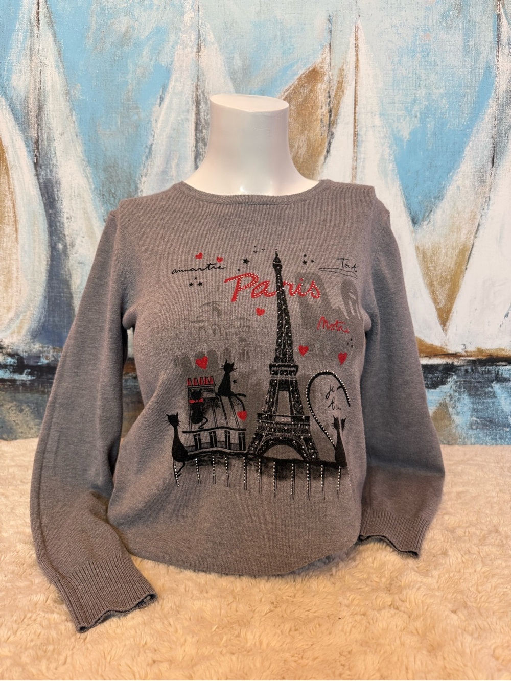 Women's Gray Paris Graphic Crewneck Sweater